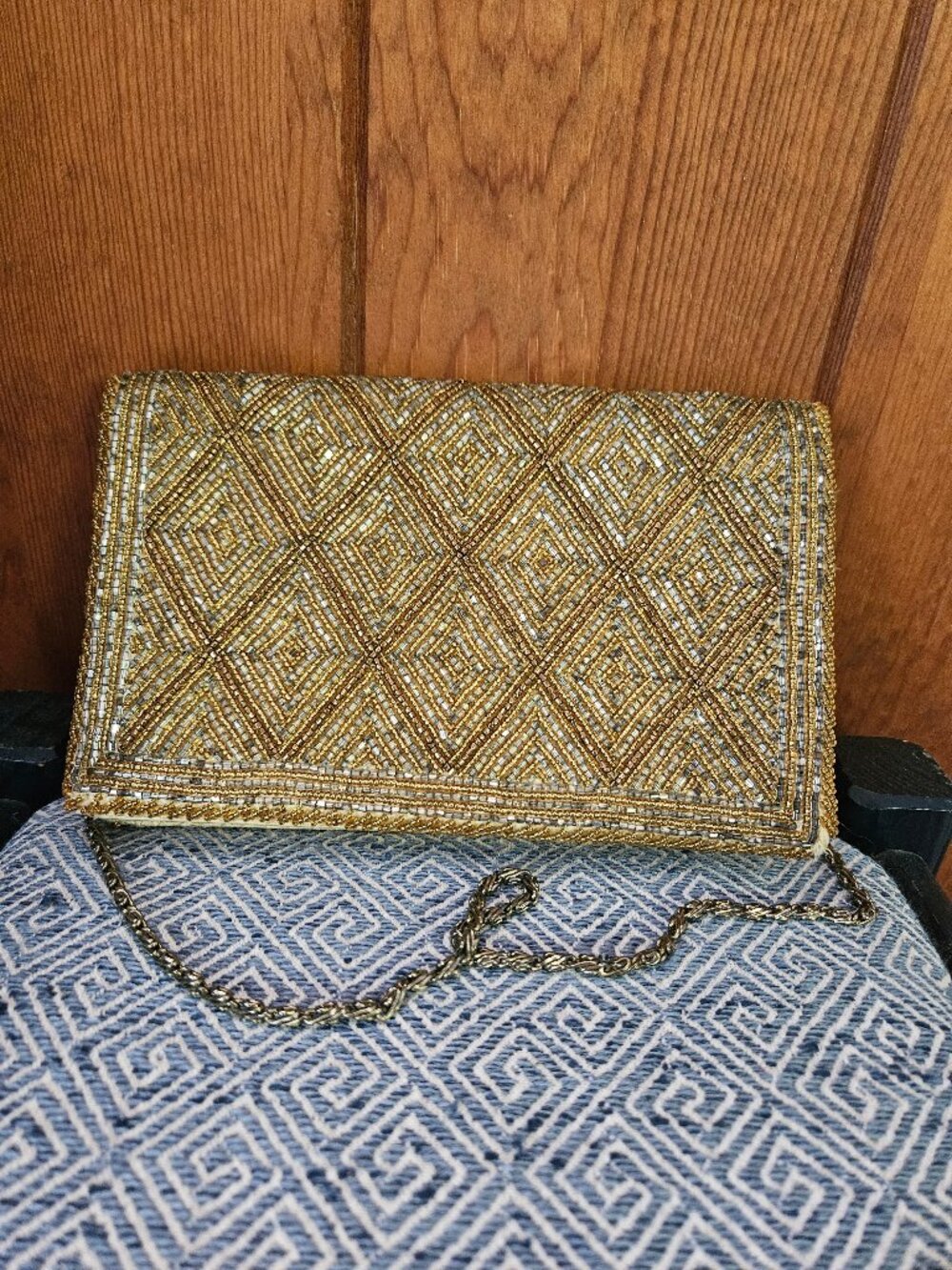 Vintage Gold Beaded Purse with Chain, Made in Macau, Great Condition!
